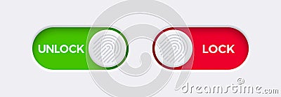 Lock and Unlock toggle switch buttons with fingerprint icon. Material design switch buttons set. Vector Illustration